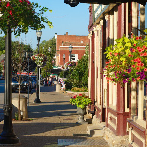 Downtown on a main street in a small town.